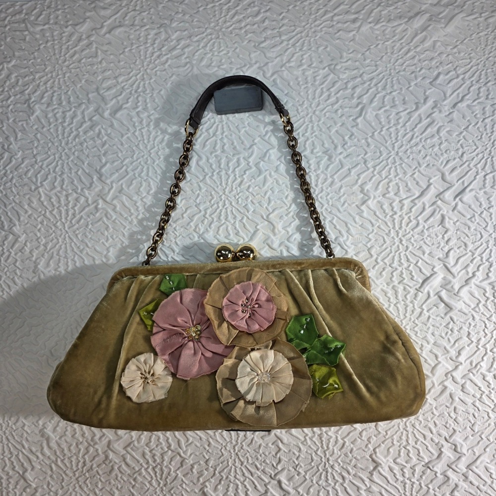 Vintage Echo Gold Velvet Floral Applique Kiss Lock Evening Bag Chain Strap
